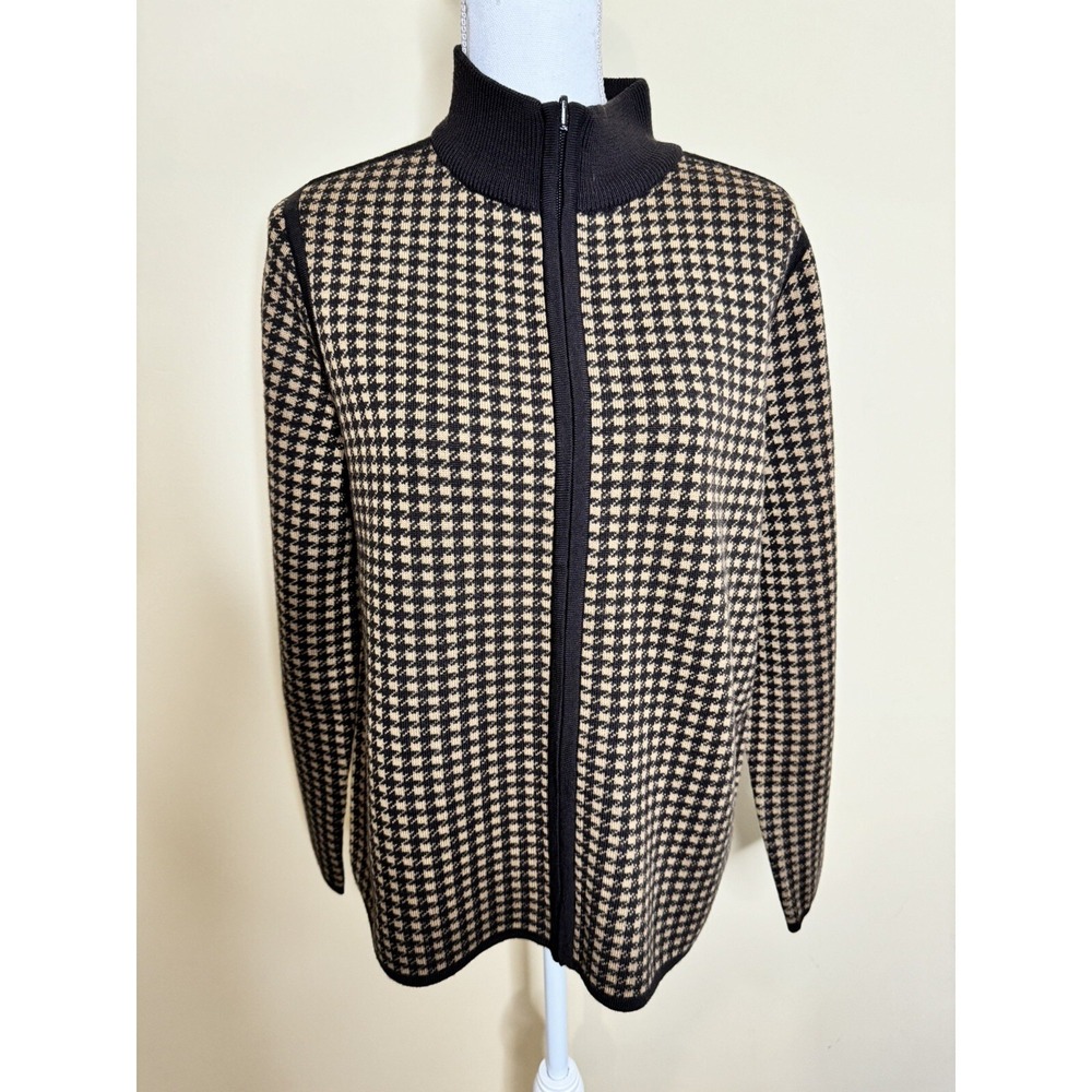 Pendleton Cardigan Womens XL Petite Brown Merino Wool Houndstooth Sweater - Picture 3 of 12